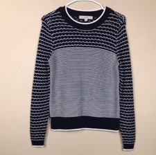 LOFT Women's Crochet Knit Striped Navy Blue White Long Sleeve Sweater Sz S