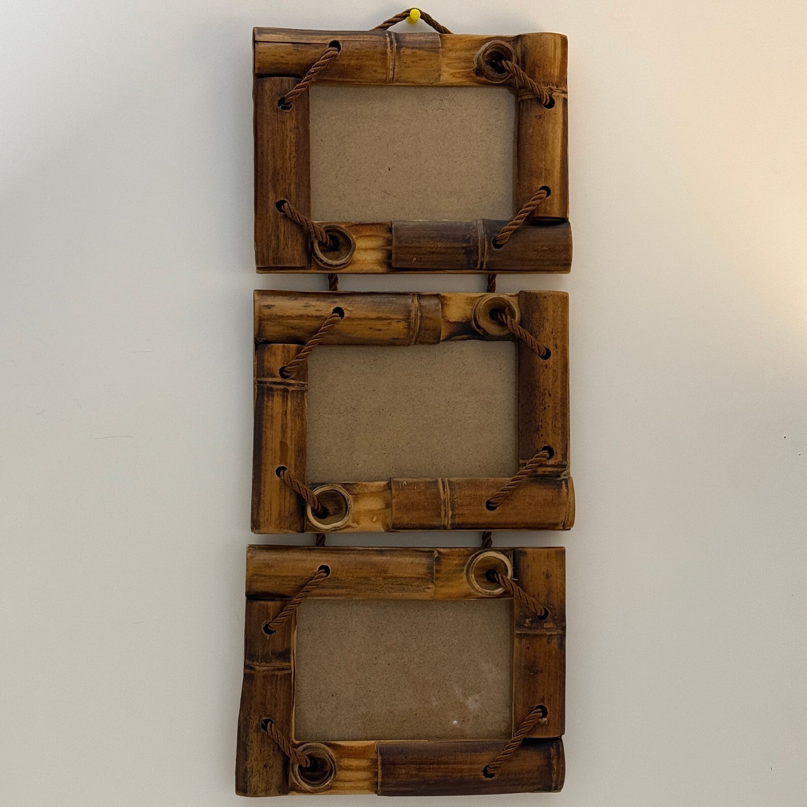 Vintage Wooden Bamboo Triple Photo Frame Fits 4x6 Inch, Rustic Hanging Design
