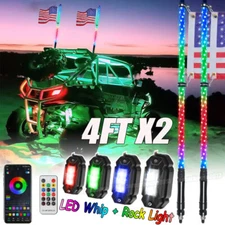 Bluetooth Pair 4ft RGB Spiral LED Whip Lights + Pods RGB Rock Lights ATV UTV RZR