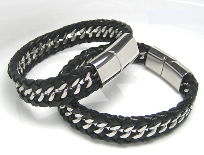Herren Lederarmband geflochten Edelstahl Armband 17-23 cm Panzerkette schwarz