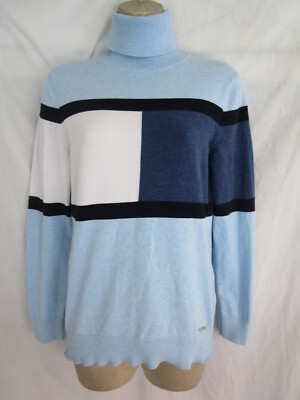 TOMMY HILFIGER Stella Blue Colorblock Logo Turtleneck Pullover Sweater