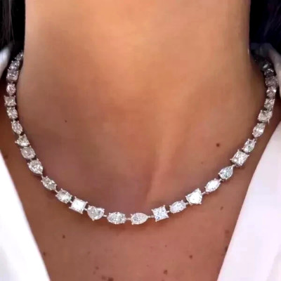 30 Ctw Created Multi-cut Diamond 14k White Gold Plated Statement Tennis Necklace