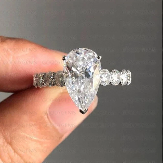 3CT Pear Round Cut Lab-Created Solitaire Engagement Ring 14k White Gold Plated - Image 4 of 4