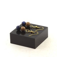 Ohrringe 2 Tigerauge Perlen Blau + Holz 8 Mm Aus Stahl Hergestellt In