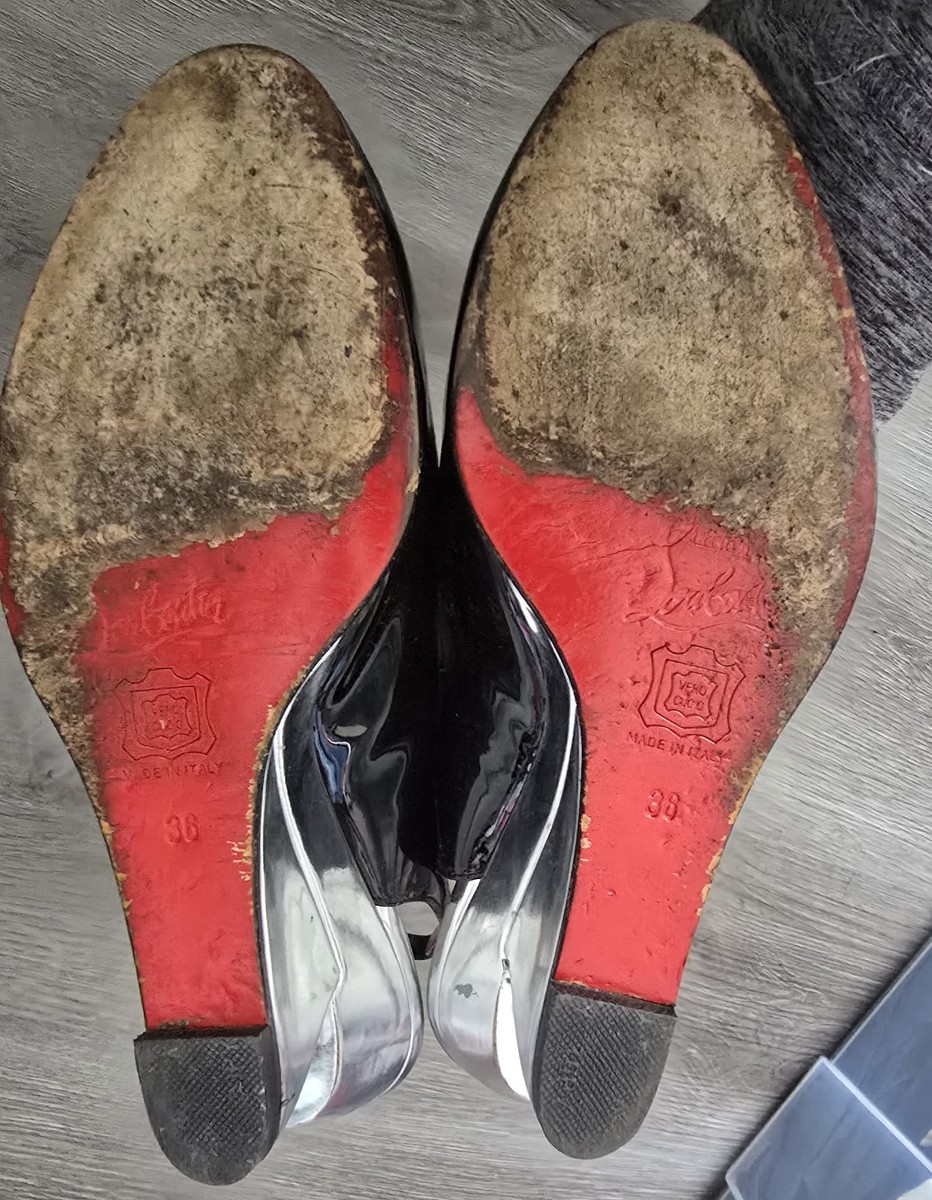 Auth Christian Louboutin Black Silver Leather Slingback Heels Sz