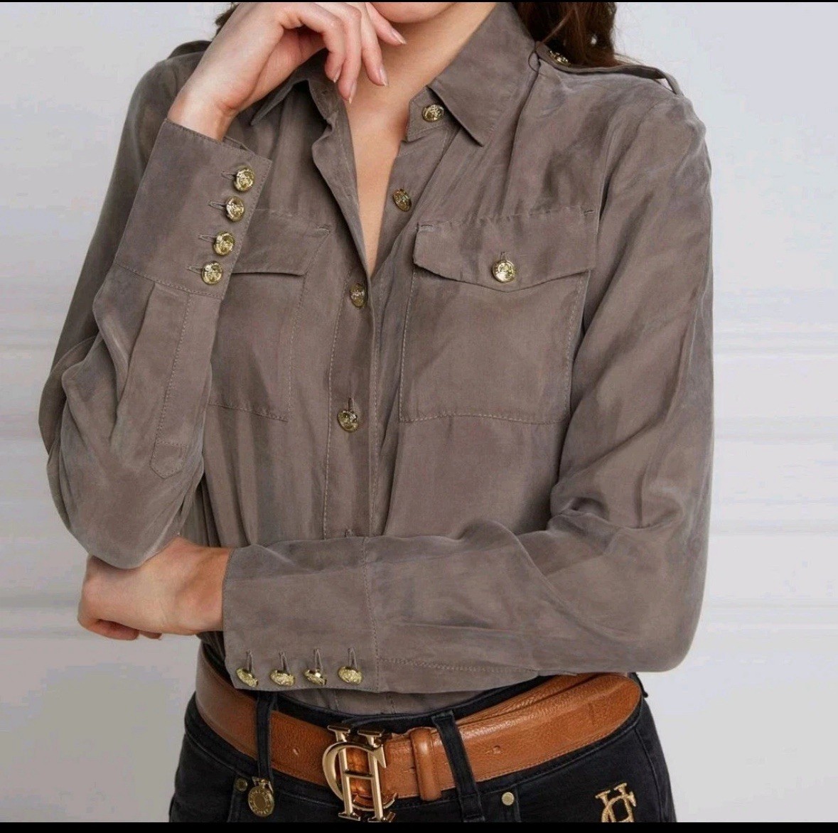 Holland Cooper Cupro Shirt Military Button Shirt khaki Blouse Size 10 Taupe Blog