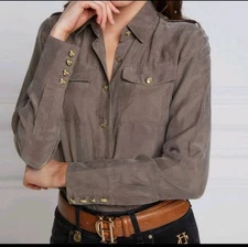 Holland Cooper Cupro Shirt Military Button Shirt khaki Blouse Size 10 Taupe Blog