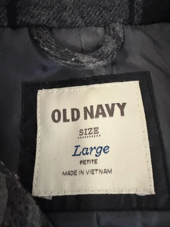 Old Navy Coat Womens Large Petite Gray Plaid Peacoat Wool Blend Double Breasted - Image 2 of 4