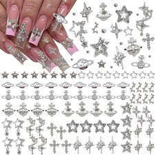 120+ Pcs Star Nail Charms Inlaid Rhinestones Gems, Silver Star Planet Cross Nail
