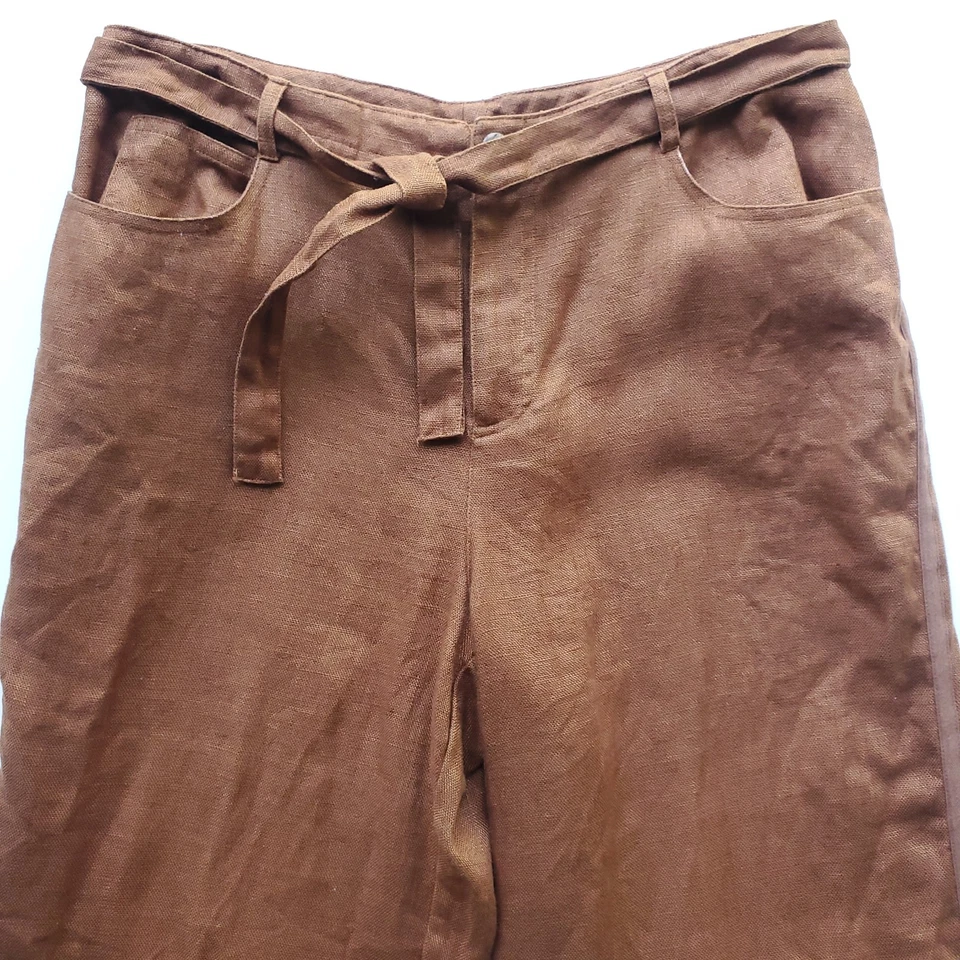Pantalones de lino de pierna ancha para mujer 10 bolsillos marrones cinturón lazo Lagenlook rayas laterales Foto 3 de 4