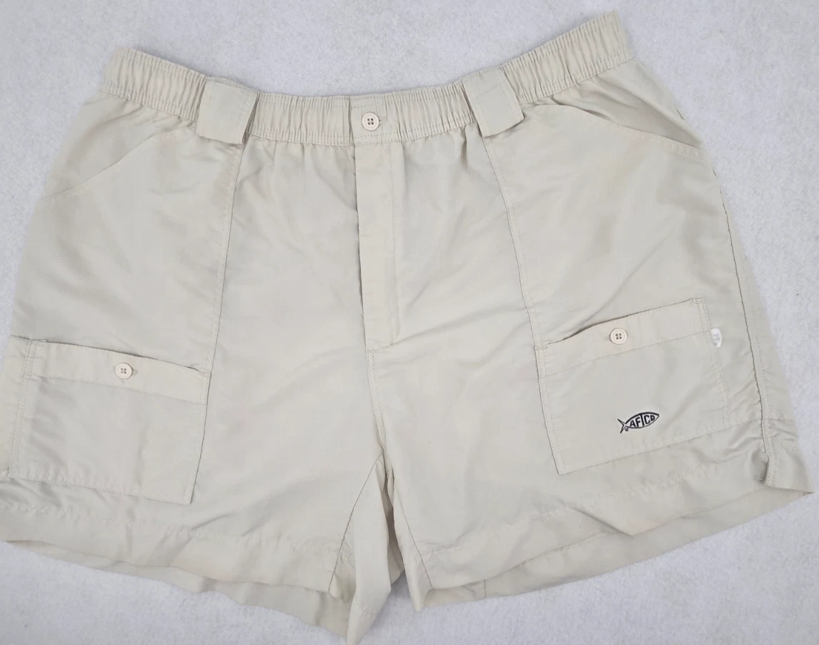 AFTCO Cargo Fishing Shorts 44 Beige Nylon Elastic Waist Waterproof Stretch Men