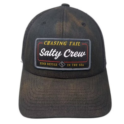 Salty Crew Black Trucker Hat Snapback Mesh OS Chasing Tail Patch Embroidered