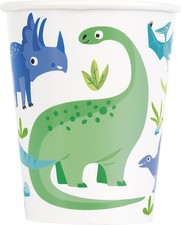 Unique 78306EU - Plastic Free Paper Cups - 266 ml - Blue & Green Dinosaur Party