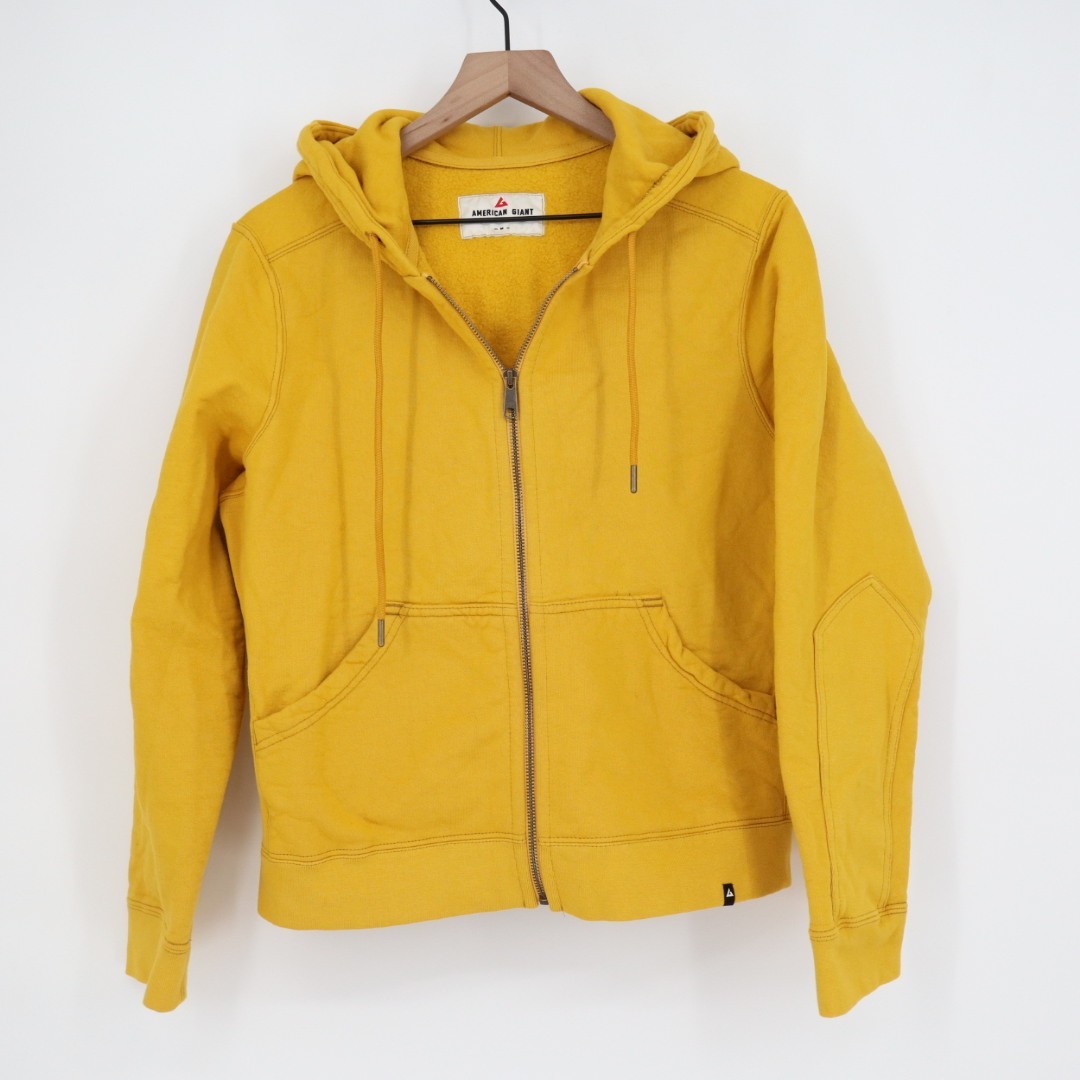 American Giant Hoodie Womens Medium Yellow Full Zip Cotton Logo Fleece Lined Rib