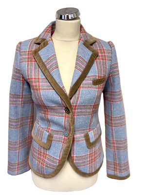 JOULES LIGHT BLUE CHECK 100% WOOL V NECK JACKET SIZE 8