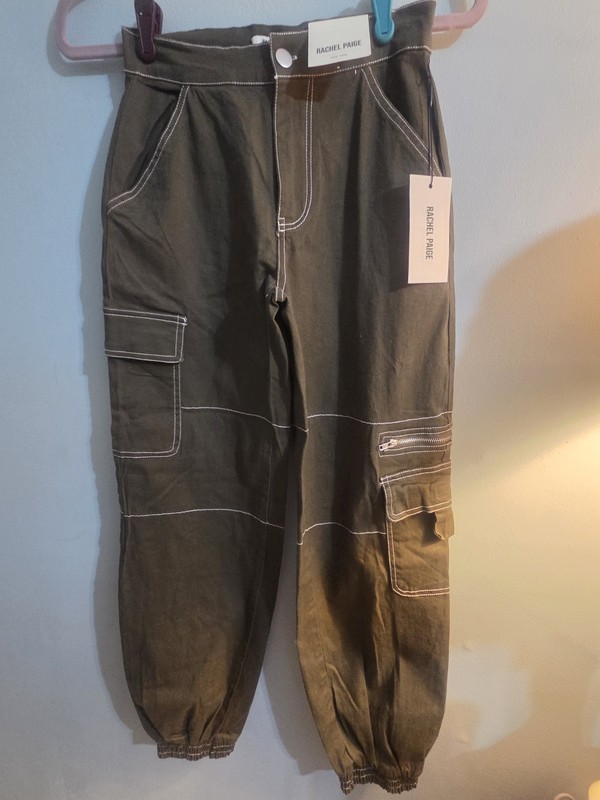 Rachel Paige NWT Olive Green Cargo Pants White Stitching Casual Women's  XS