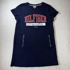 Tommy Hilfiger Denim T-Shirt Dress Womens Large Navy Blue Graphic Zipper Pockets