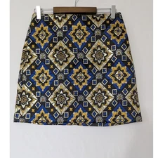 Loft Mini Skirt Jacquard Metallic A Line Size 6P Blue Black Diamond Print