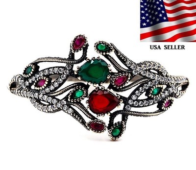 Armband Osmanisches Empire Stil 15 kt behandelter Rubin & Smaragd 925 Sterlingsilber 