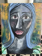 African American Woman Figure Original Oil Painting Signed Blue Yellow