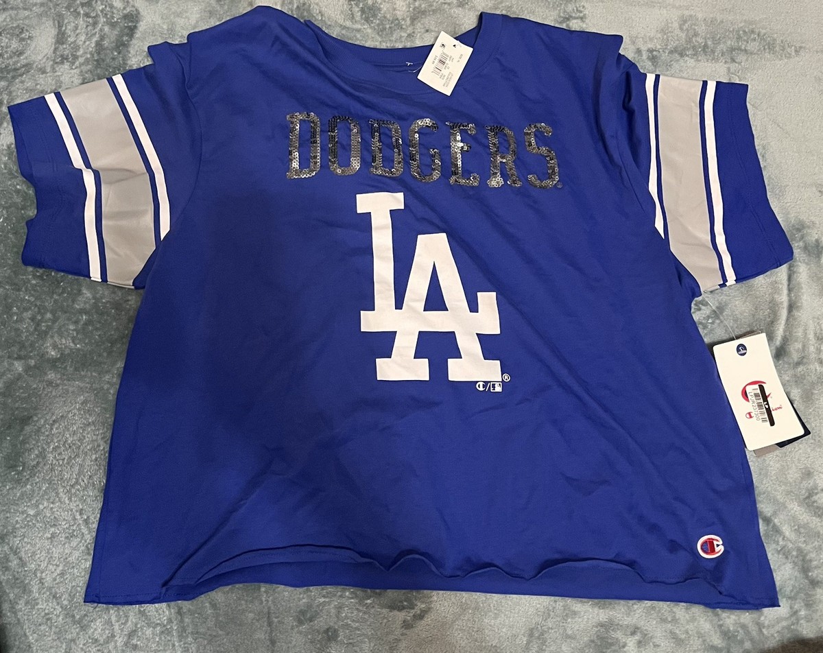 MLB Los Angeles Dodgers Women's Champion Sequin Print Crop T-Shirt