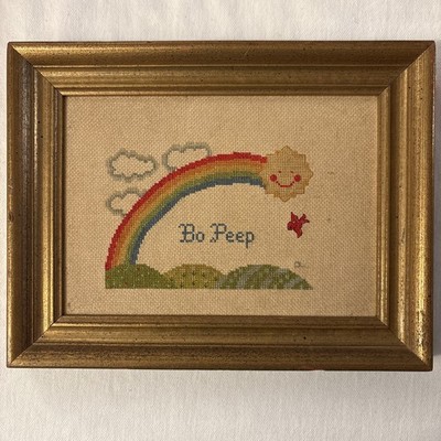 Vintage Framed Rainbow And Sunshine Cross Stitch