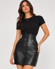 Genuine Lambskin Leather Mini Skirt Women Black High Waist Button Front A-Line