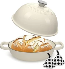 Bread Pot with Dome Lid & Cotton Potholders (Cream White), 6 Qt Cast Iron D
