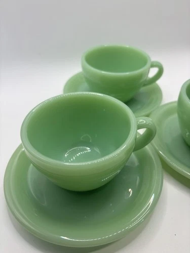 ANCHOR HOCKING FIRE KING  THREE JADEITE RESTAURANT CUP & SAUCER SETS