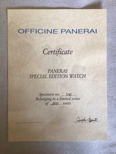 Certificato Panerai Special Edition Watch - Edizione Limitata