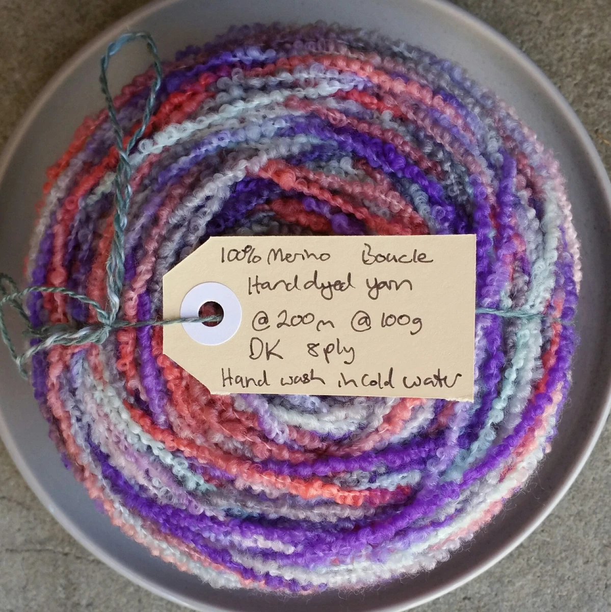 Hand Dyed 100% Merino Boucle Yarn, 100g 200m Purple, Orange, Aqua, Grey 8 Ply