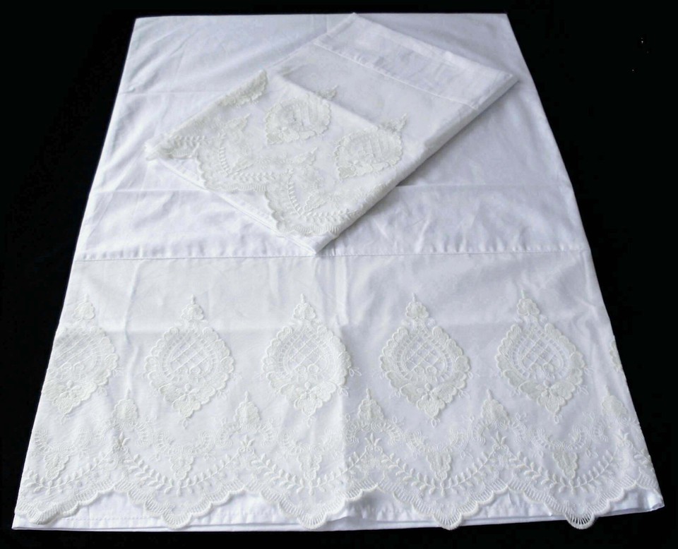 New White Embroidered Lace trim Pillow Cases Sham Cotton 300TC Standard