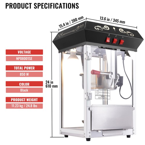 Popcorn Popper Machine Countertop Popcorn Maker 850W 8 Oz 48 Cups Black - Picture 7 of 12