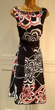 MONSOON Occasion Silk Linen Blend Black Red and White Floral  Dress UK10/12