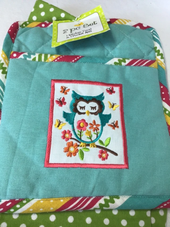 SOPORTE PARA OLLA Y TOALLA DE COCINA RITZ VERDE LUNARES TURQUESA BÚHO 100% ALGODÓN NUEVO CON ETIQUETAS Foto 2 de 4