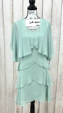 SL Fashions Dress Size 8 Sage Green Chiffon Tulip Tier Jacket Beaded Neck
