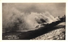 Storm Surf Lynn Massachusetts Waves Railing Benches  Real Photo RPPC Postcard