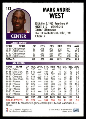 NBAカード173枚 1994-95 NBA Hoops #173 Mark West Phoenix Suns | eBay