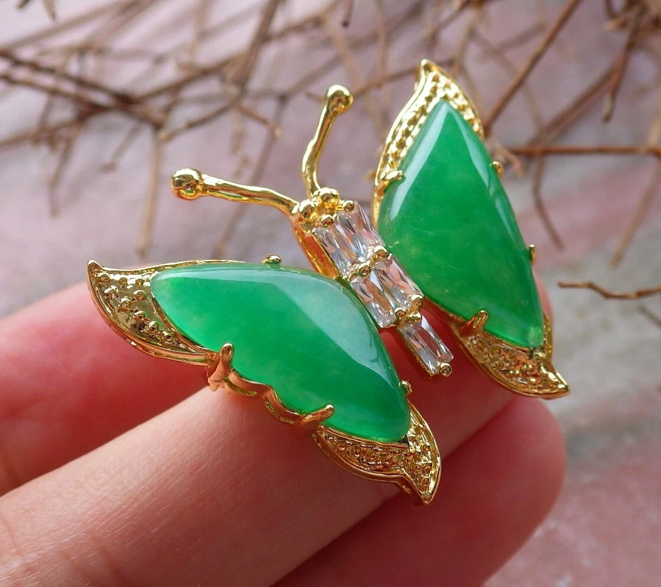 Broche broche mariposa JADE verde placa oro amarillo imitación diamante 300241 Foto 3 de 4