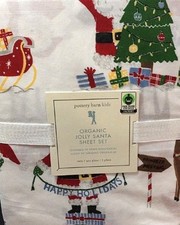 Pottery Barn Kids Organic COTTON Jolly Santa north pole Sheet set FULL
