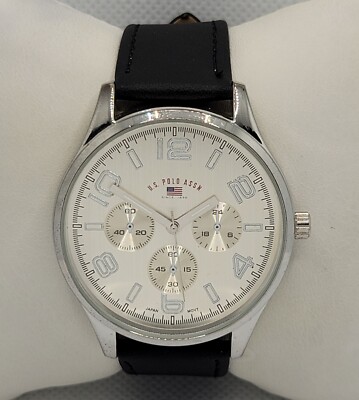 Mens U.S. Polo Assn Classic Silver Tone Case Dial Black Leather Strap Watch L2