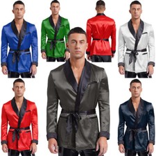Men's Shiny Satin Smoking Jacket Robes Laple Collar Kimono Bathrobe Sleepwear