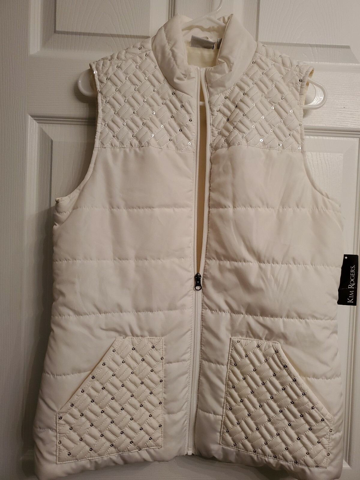 Quilted Sequin Puffer Vest Ivory 