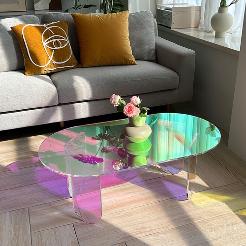 Acrylic Coffee Table Iridescent Oval Side End Table Modern Chic Colorful Accent - Picture 8 of 18