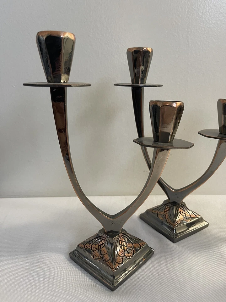 Candelabro vintage MCM cromo cobre dos tonos candelabro dos pares Foto 2 de 4