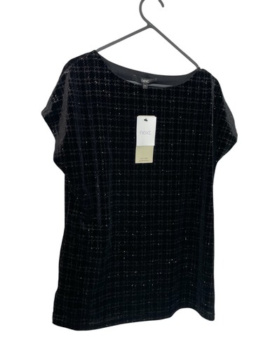 Next Ladies Velvet Top Size UK 10 Black Cap Sleeve Glitter print New With Tags - Picture 2 of 12