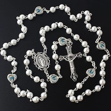 Cuentas de perlas de vidrio de Ciudad Católica con corazón epoxi milagroso rosario