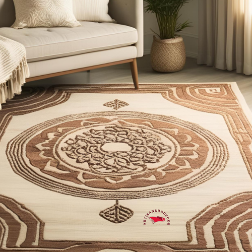 Handmade Zen Brown & Beige Meditation Rug Natural Wool Floor carpet for Yoga - Picture 3 of 3