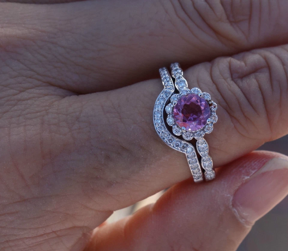 Набор для помолвки с имитацией розового турмалина и бриллиантов 2 карата белое золото 14 карат размер 8 - Изображение 3 из 3