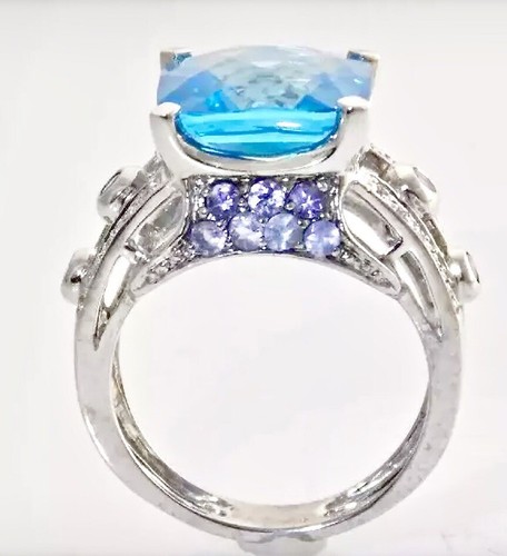 STUNNING 10KT GOLD PRINCESS CUSHION SWISS BLUE TOPAZ & DIAMNOND, TANZANITE RING - Picture 4 of 12